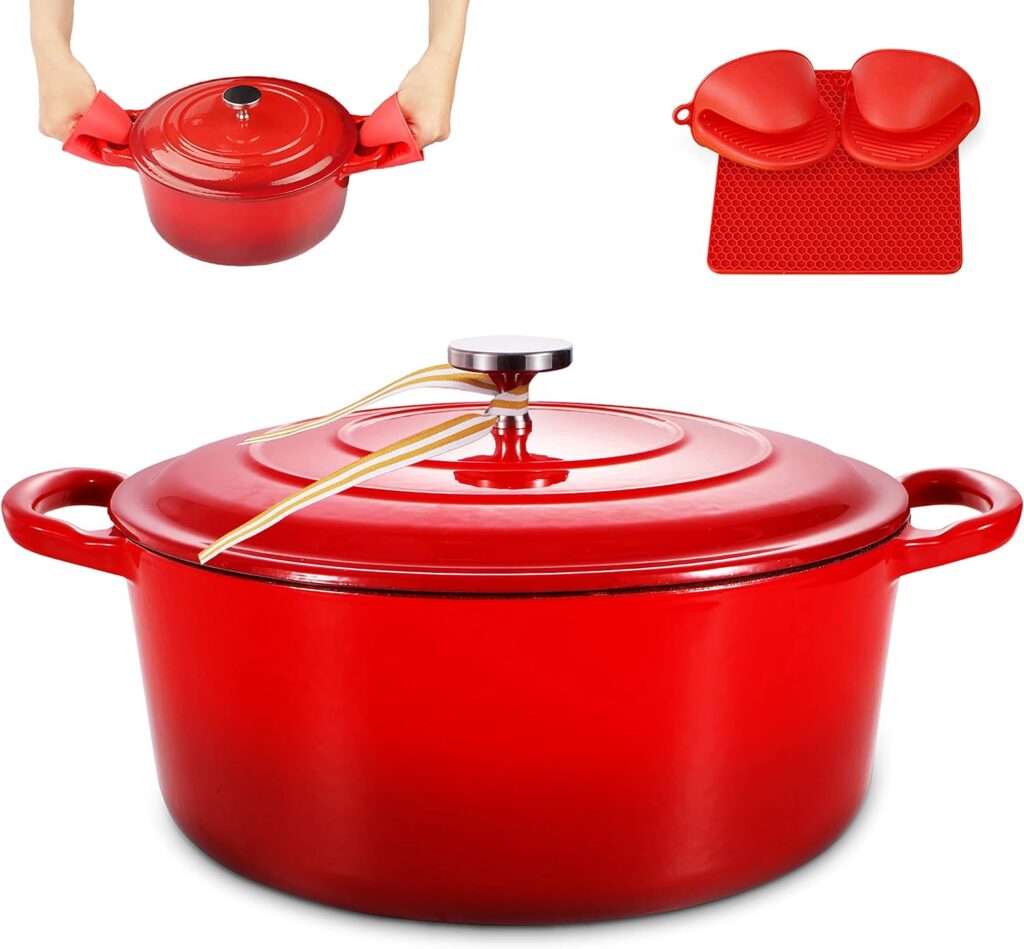 3QT Enamel Cast Iron Dutch Oven with Loop Handles, Covered Dutch Oven, Enamel Stockpot with Lid, Red