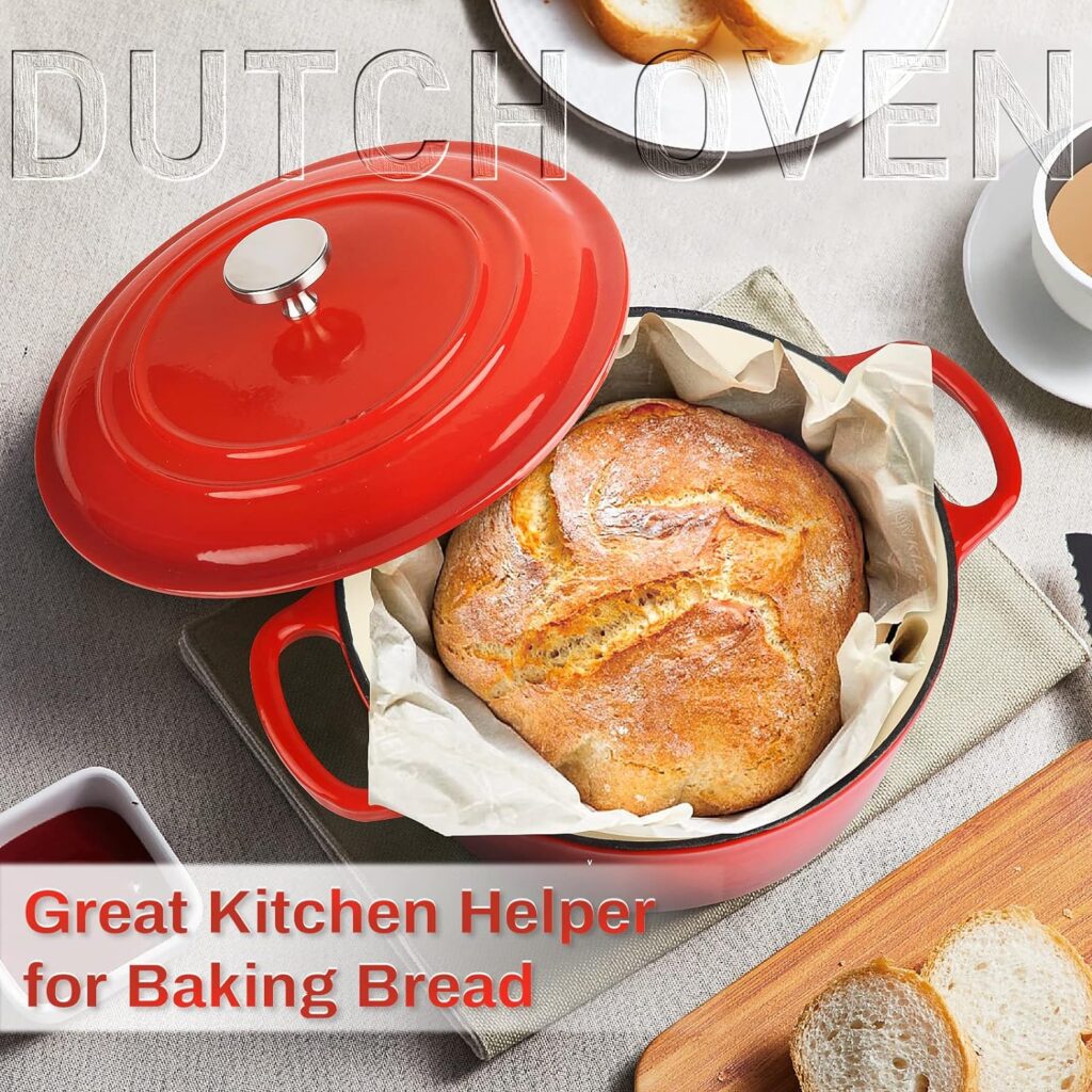 3QT Enamel Cast Iron Dutch Oven with Loop Handles, Covered Dutch Oven, Enamel Stockpot with Lid, Red