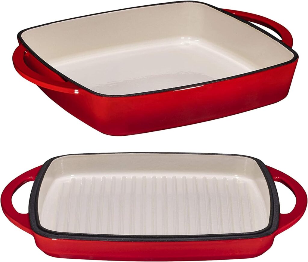 Bruntmor 2-in-1 Square Enameled Cast Iron Dutch Oven Baking Pan and Gridle Lid with Dual Handles, Cast Iron Skillet lid, Coating Gridle for baking, bacon,Steaks - Red