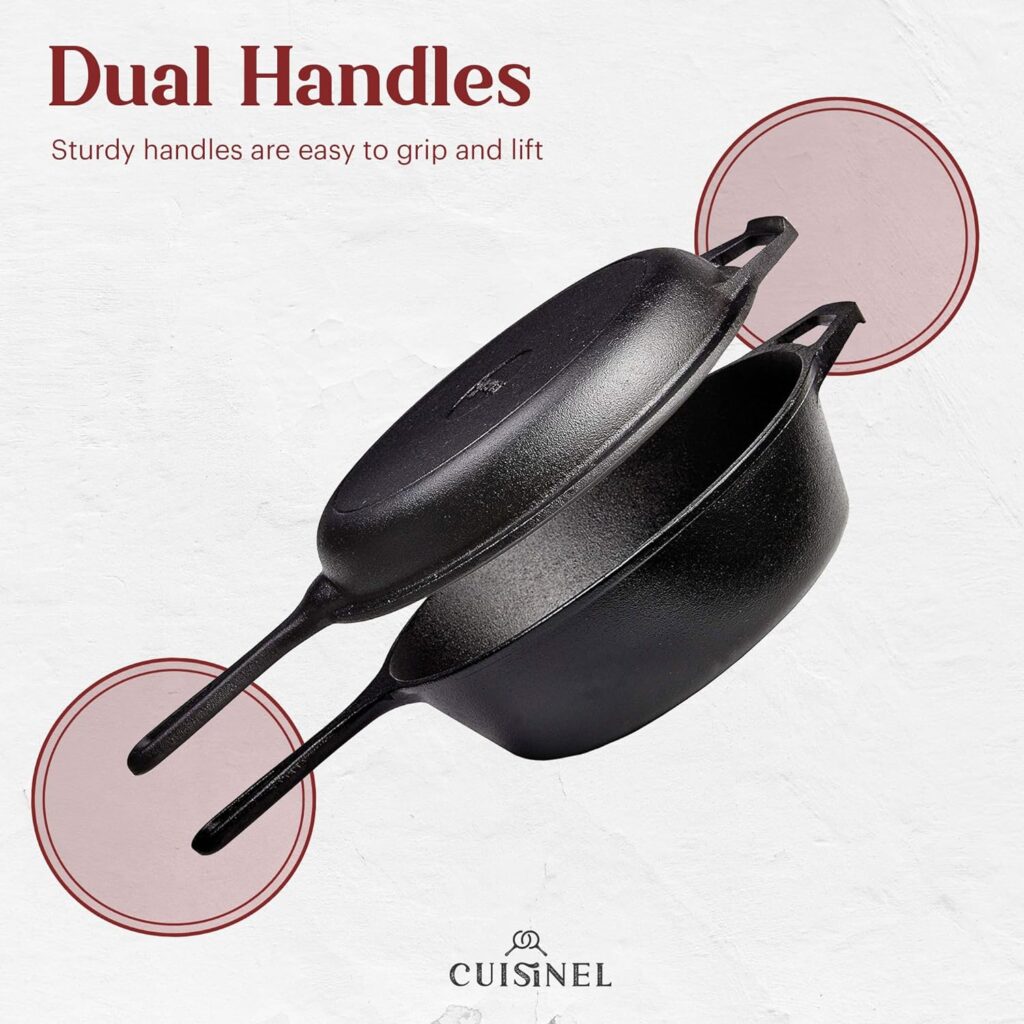 Cuisinel Cast Iron Skillet + Lid - 2-In-1 Multi Cooker - Deep Pot + Frying Pan - 3-Qt Dutch Oven - Pre-Seasoned Oven Safe Cookware - Indoor/Outdoor - Grill, Stovetop, Induction Safe - Great for Bread