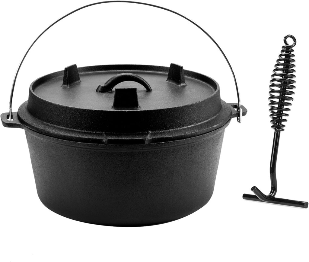 DARTMOOR 9 Quart Pre-Seasoned Cast Iron Dutch Oven with Lid and Lid Lifter Tool Outdoor Deep Camp Pot for Camping Fireplace Cooking BBQ Baking Campfire 9 QT