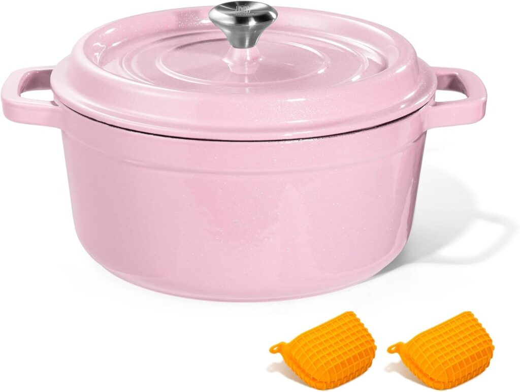 Dutch Oven Pot with Lid, Enameled Cast Iron Coated Dutch Oven 6QT Deep Round Oven, Non-Stick Pan with Dual Handle for Braising Broiling Bread Baking Frying, for Open Fire Stovetop Camping Pink