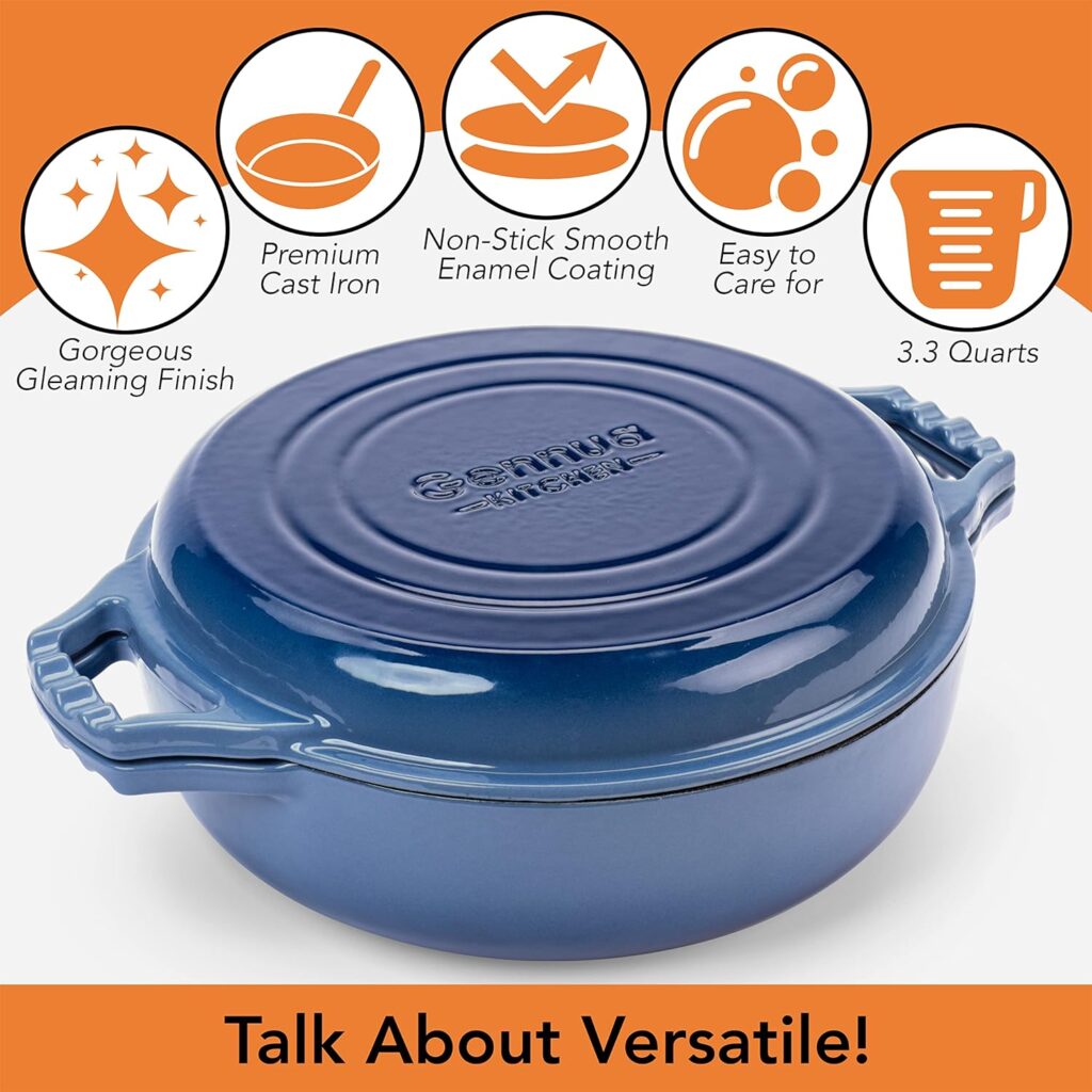 Gennua Kitchen 2-in-1 Enameled Cast Iron Braiser Pan with Grill Lid - 3.3-Quart Small Dutch Oven, Serves as Both Casserole  Stovetop Grill Pan, Enamel Coated Cast Iron Cookware, Never Needs Seasoning