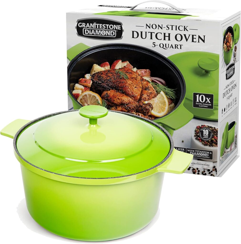 Granitestone Dutch Oven, 5 Quart Ultra Nonstick Enameled Lightweight Aluminum Dutch Oven Pot with Lid, Round 5 Qt. Stock Pot, Dishwasher  Oven Safe, Induction Capable, Healthy 100% PFOA Free, Green