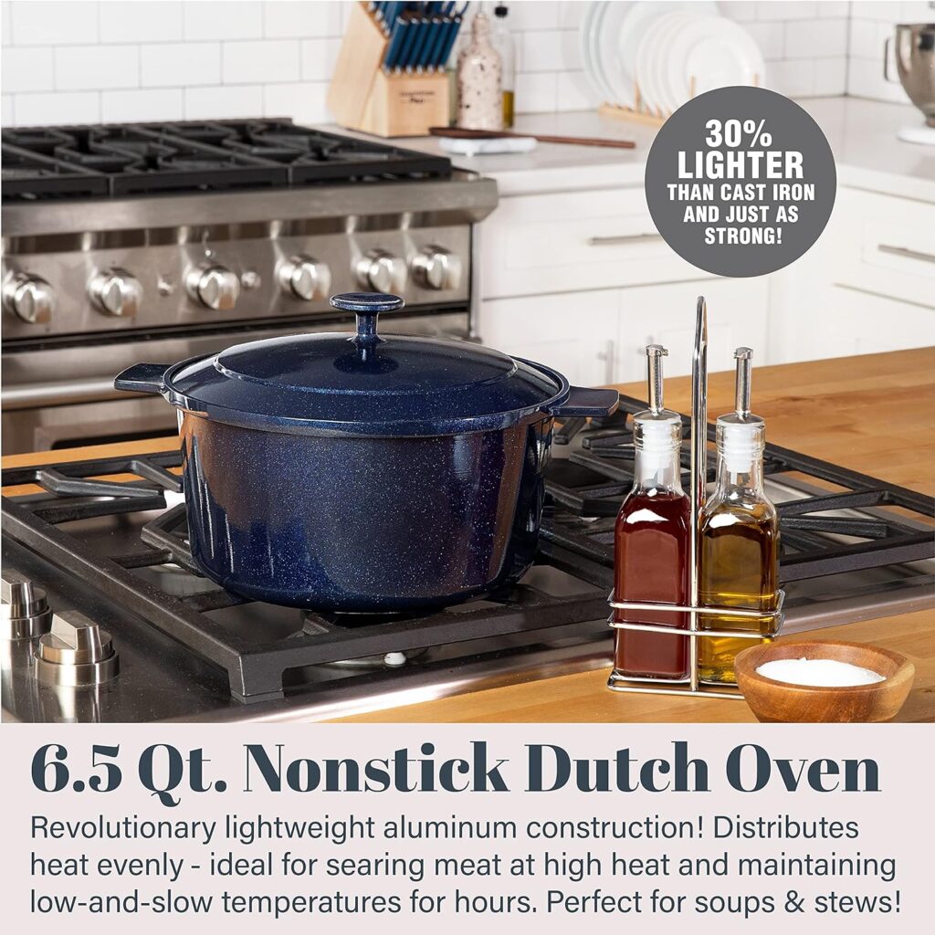 Granitestone Dutch Oven, 6.5 Quart Ultra Nonstick Enameled Lightweight Aluminum Dutch Oven Pot with Lid, Round 6.5 Qt. Stock Pot, Dishwasher  Oven Safe, Induction Capable, 100% PFOA Free, Cobalt Blue