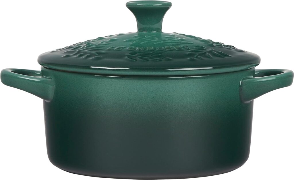 Le Creuset Olive Branch Collection Stoneware Mini Round Cocotte, 24 oz., Artichaut with Embossed Lid