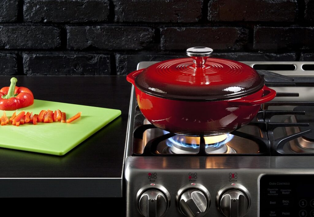 Lodge 3 Quart Enameled Cast Iron Dutch Oven with Lid – Dual Handles – Oven Safe up to 500° F or on Stovetop - Use to Marinate, Cook, Bake, Refrigerate and Serve – Island Spice Red