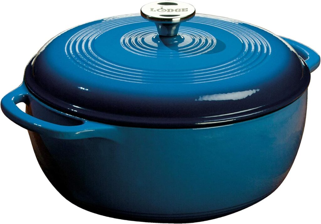 Lodge 6 Quart Enameled Cast Iron Dutch Oven with Lid – Dual Handles – Oven Safe up to 500° F or on Stovetop - Use to Marinate, Cook, Bake, Refrigerate and Serve – Blue