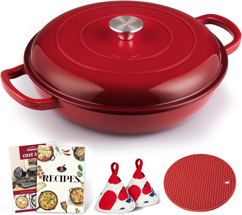 Overmont Enameled Cast Iron Dutch Oven - 3.8 Quart Dutch Oven Pot with Lid - Cast iron Cookware - Cast Iron Casserole with Cookbook  Heat-resistant Caps - Braising Pan - Oven Safe up to 500° F for Bread Baking,Cooking - Gradient Red