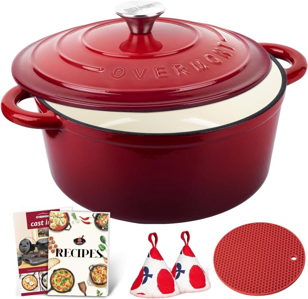 Overmont Enameled Cast Iron Dutch Oven - 5.5QT Pot with Lid Cookbook  Cotton Heat-resistant Caps - Heavy-Duty Cookware for Braising, Stews, Roasting, Bread Baking