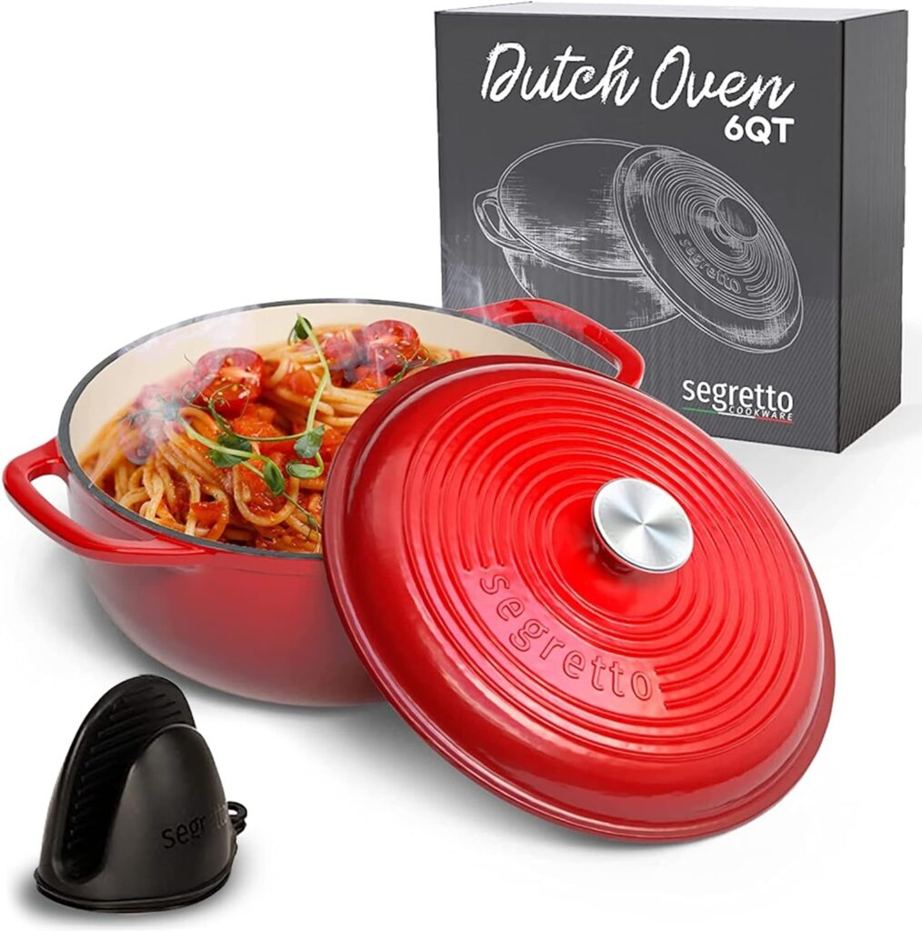 Segretto Cookware Enameled Cast Iron Dutch Oven with Handle, 6 Quarts, Rosso (Gradient Red) Cast Iron Dutch Oven with Lid | Enameled Crock Pot Dutch Ovens comes with Silicone Pot Holders