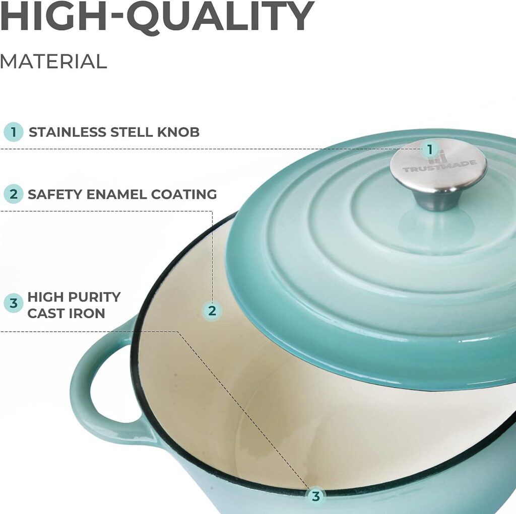 Trustmade 4.5 QT Cast Iron Dutch Oven, Enamel Coated Cookware Pot with Self Basting Lid for Home Baking, Braiser, Cooking, Aqua
