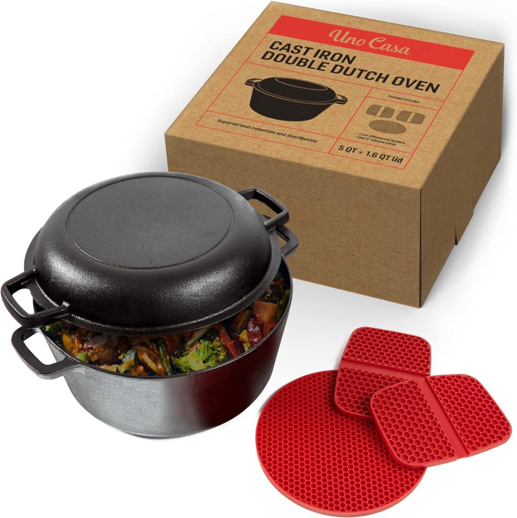 Uno Casa 2in1 Dutch Oven Large - 5 Quart Dutch Oven Pot with Lid, Seasoned Cast Iron Camping Stove for Bread, Heavy Duty Cast Iron Pot with Frying Pan